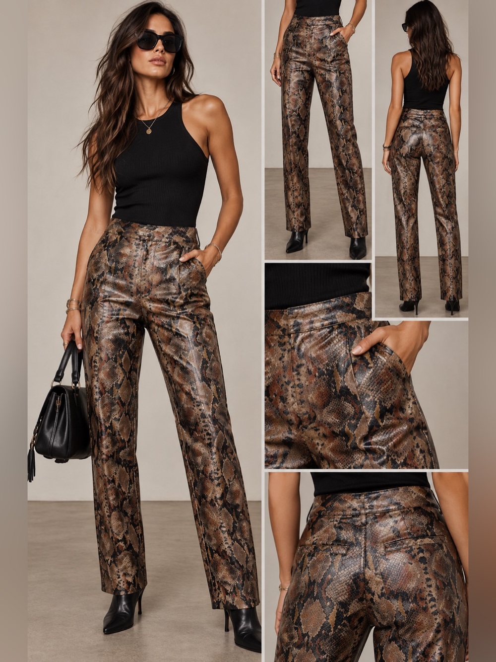 Ronny Kobo Snakeskin Print Faux Leather Tapered Pants XS 🐍